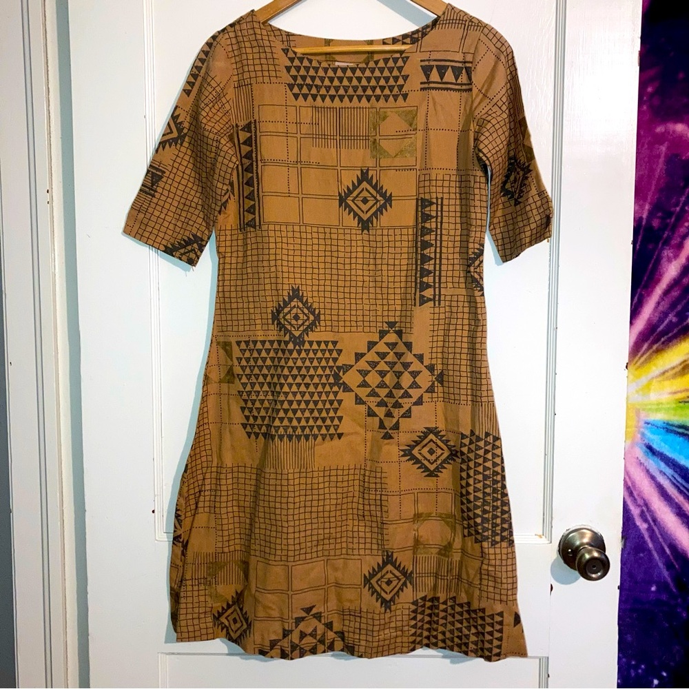 🌿 Utsa Linen Blend Geometric Dress XS 👗✨